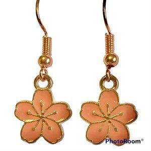 Hibiscus Flower Earrings Rose Gold Plated Enamel Peach Pink Dangle Dainty Island